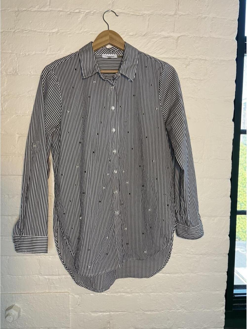 Calvin Klein Striped Roll-Tab Long Sleeve Tunic Blouse